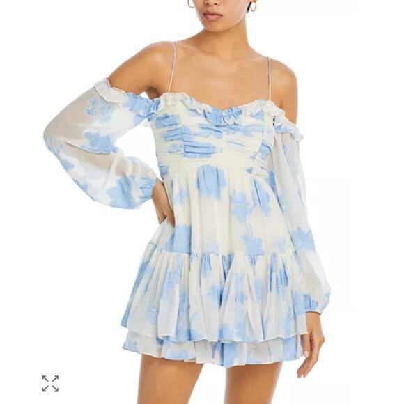 LOVESHACKFANCY Zennia Off-The-Shoulder Long Sleeve Ruffled Mini Dress Med Blue - Picture 1 of 15